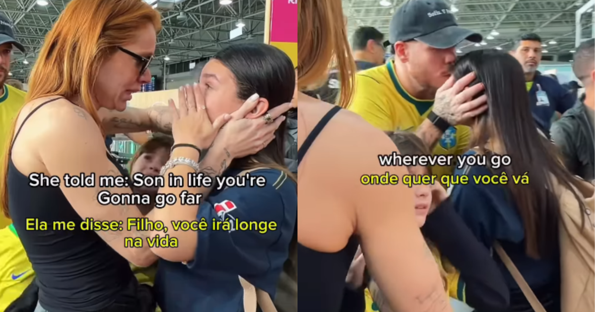 Thaís Vasconcellos e Ferrugem se emocionam em despedida familiar no aeroporto